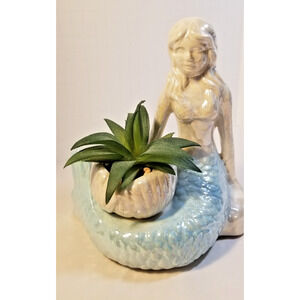 Mermaid Figurine with Shell Faux Plant Succulent Coastal Nautical Decor